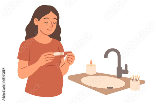 A woman holds a pregnancy test beside a sink, with a candle and cotton in the bathroom