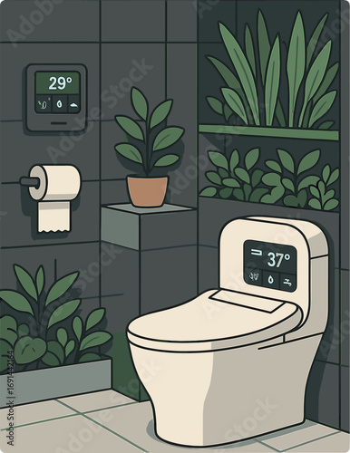 A modern bathroom interior showcasing an intelligent toilet system with a digital display and built‑in greenery for an eco‑tech ambiance