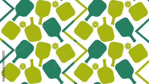 Seamless Pattern with Pickleball Paddles and Balls in Green Tones – Modern Sports Background for Active Lifestyle Designs