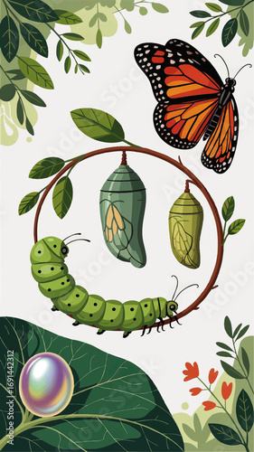 Monarch Butterfly Life Cycle Vector Illustration – Egg, Caterpillar, Chrysalis, and Adult Butterfly in Nature, Colorful Educational Design