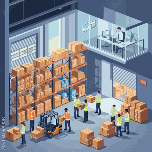 Isometric view of a busy warehouse with workers and a forklift organizing inventory on shelves.