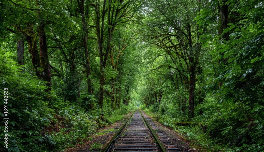 Obraz premium Lush forest tunnel over train tracks