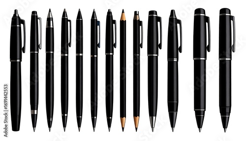 Row of various black pens and pencils