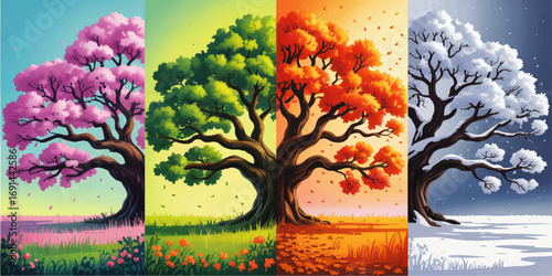 Stunning Four Seasons Tree Illustration – Spring, Summer, Autumn, and Winter Landscape Art with Colorful Nature Background