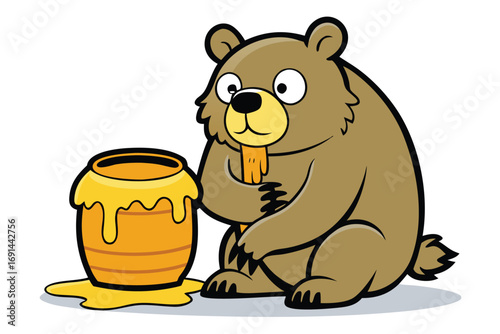 Bear eating giant honey jar with messy face