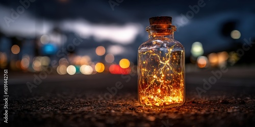 Fototapeta Naklejka Na Ścianę i Meble -  Illuminated glass bottle on city street at night