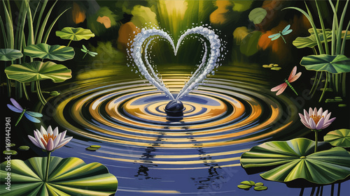Heart-Shaped Fountain Spray with Water Lilies and Dragonflies on Tranquil Pond at Sunset, Peaceful Nature Illustration