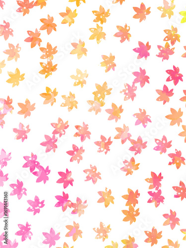 モミジの紅葉イメージの背景素材。水彩風テクスチャー。葉っぱのシルエット。かわいい色調。光の粒子や水滴の輝き。たて構図