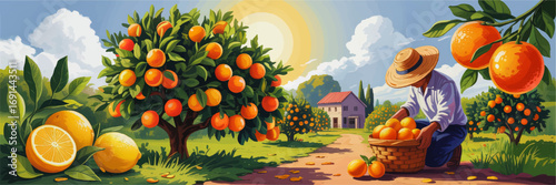 Vibrant Orange Orchard Harvest at Sunrise with Farmer Picking Fresh Citrus Fruits, Countryside Landscape Illustration