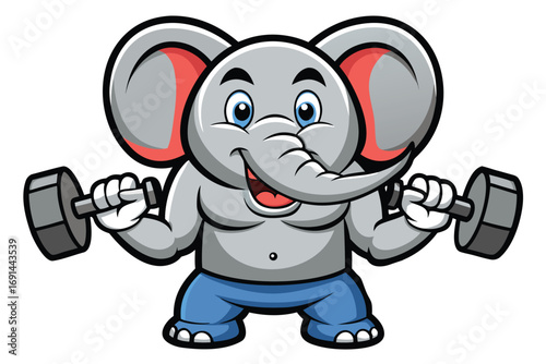 2 Elephant lifting dumbbells with both trunks, funny smiling expression