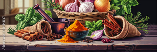 Aromatic Spices and Fresh Herbs on Rustic Kitchen Table, Colorful Food Ingredients Illustration with Garlic, Onions, Cinnamon, Basil, and Turmeric