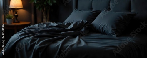 Silky black sheets draped elegantly on a plush mattress, inviting slumber and peaceful rest  Dark bedroom, luxurious bedding, comfortable sleep ,  interior design,  plush