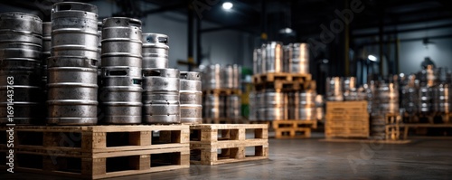 Brewery warehouse with stainless steel beer kegs on wooden pallets