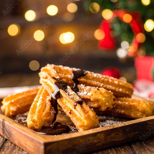 Churros with Chocolate Sauce on Wooden Plate