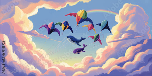 Dreamy Whales Flying with Colorful Parachutes Among Vibrant Clouds and Rainbow in Surreal Fantasy Sky Illustration