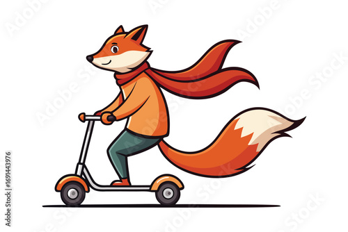Fox riding a scooter with scarf flowing