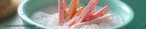 Close-up shot of pegs being washed in a basin, soapy water and bubbles visible  Clean laundry essentials, bright and cheerful scene ,  peg washing,  washing