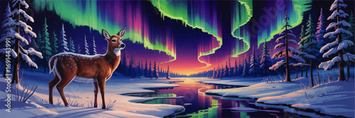 Majestic Deer in Snowy Forest with Vibrant Northern Lights Aurora Borealis Over Winter Landscape at Sunset, Digital Art Illustration