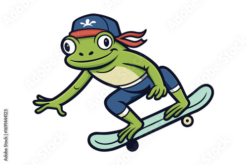 1 Frog skateboarding mid-jump with cap backwards