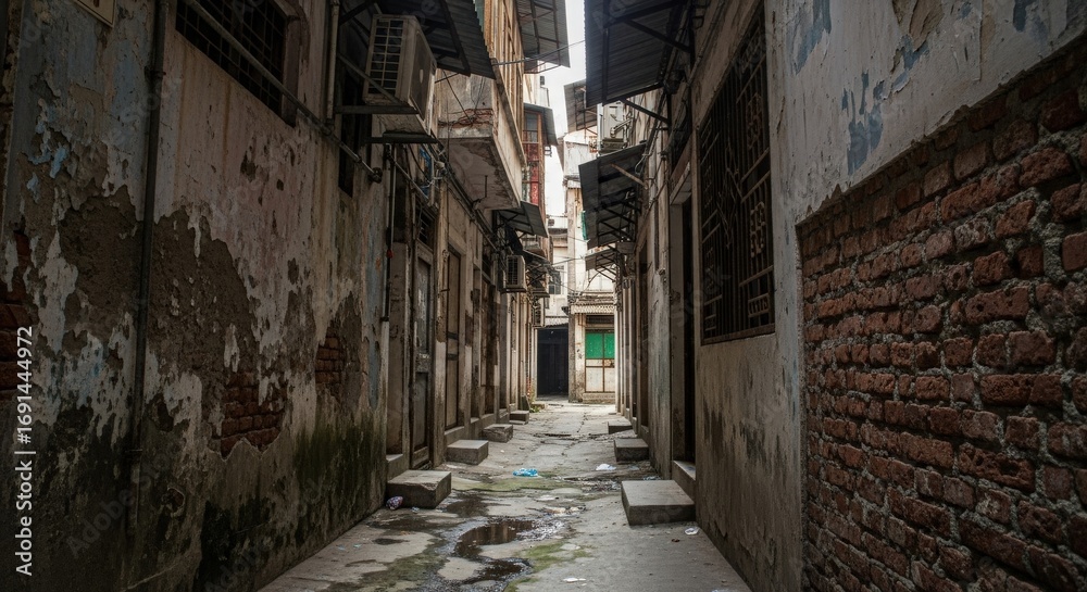 Fototapeta premium Narrow alleyway with weathered walls and scattered debris, evoking a sense of urban decay