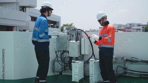 Engineers inspecting rooftop electrical equipment
