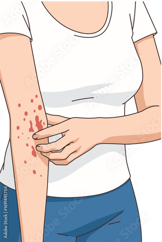 Vector illustration people experiencing allergy, dermatology design, allergic reaction from insect bites, red itchy spots, urticaria, kaligata. Flat design hand scratching the itch. Allergy symptoms.