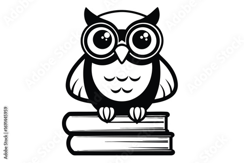 1 Owl wearing glasses sitting on stack of books, funny serious look