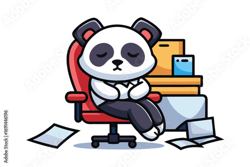 1 Panda sleeping on an office chair with papers around
