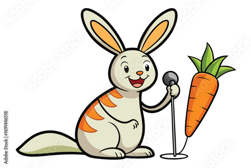 Rabbit holding a giant carrot like a microphone singing 