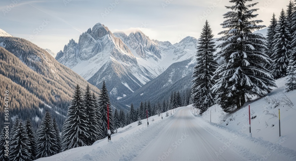 Fototapeta premium Snowy mountain road winding through a winter landscape with towering peaks and evergreen trees