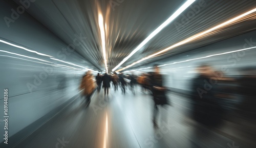 Blurry motion of people walking in a subway tunnel