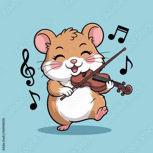 A cheerful hamster is depicted joyfully playing a violin, embodying charm, cuteness, and artistic flair in a delightful and heartwarming scene that radiates joy.