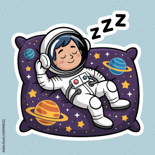 A cozy illustration of a child-like astronaut peacefully sleeping on a pillow designed with planets and stars, embodying dreams of space exploration and wonder.