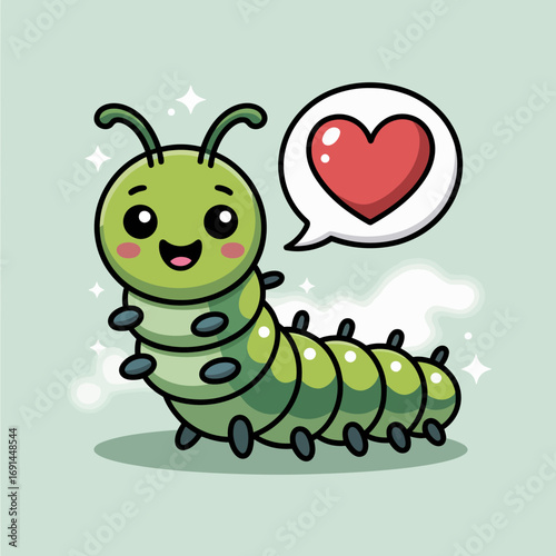 A cute green caterpillar with a heart, radiating happiness and affection while showcasing an adorable and charming personality that draws viewers into its whimsical world.