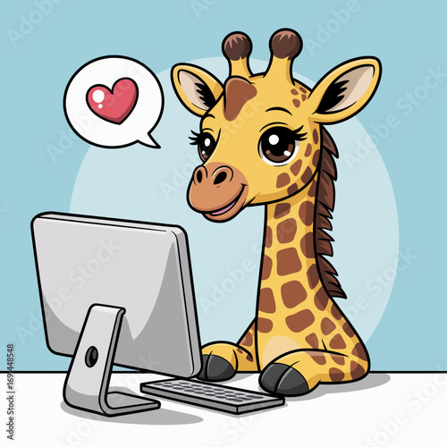 A cute, cartoonish giraffe interacting with a computer, symbolizing a joyful connection to technology and affection, showcasing creativity and playful imagination.