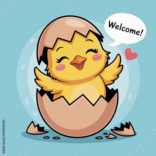 This adorable chick is hatching from its egg, showcasing a joyful expression, perfect for introducing themes of birth, new beginnings, and happiness in children's designs.