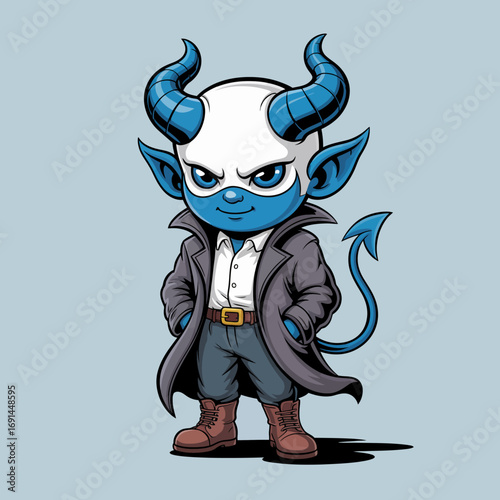 A blue-skinned devil child with horns and a sly grin wears a coat, embodying mischief and playfulness, showcasing sharp character design and creativity in a fantastical setting.