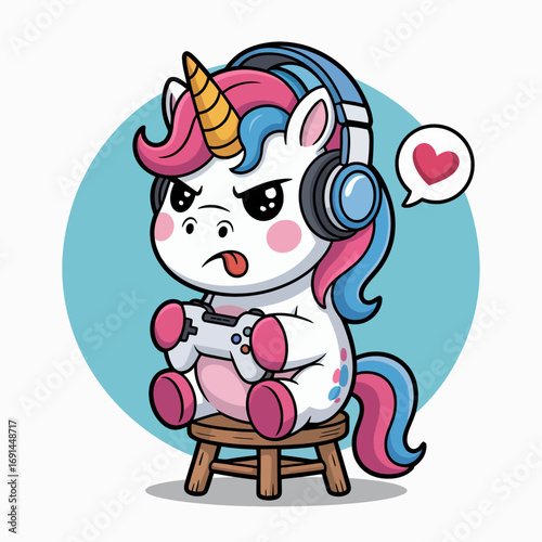 A determined unicorn wearing headphones and gaming, capturing the essence of focus and enjoyment in playful activities, blending fantasy and modern hobbies.