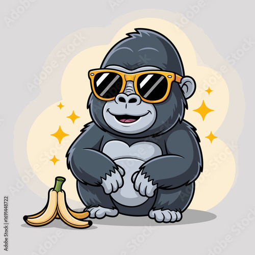 A trendy cartoon gorilla sporting sunglasses while sitting next to bananas, depicting a fun and stylish personality that embodies coolness and charm in an entertaining way.