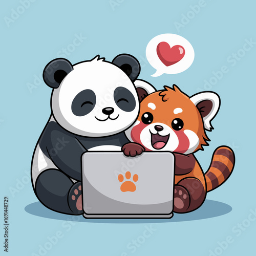 This adorable image portrays a panda and a red panda happily sitting together while using a laptop, highlighting friendship, teamwork, and a love for technology.