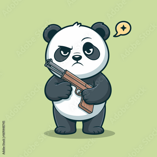 A bold cartoon panda stands sternly with a gun, showcasing an unexpected twist on cuteness and fierce determination that captures attention and evokes curiosity.
