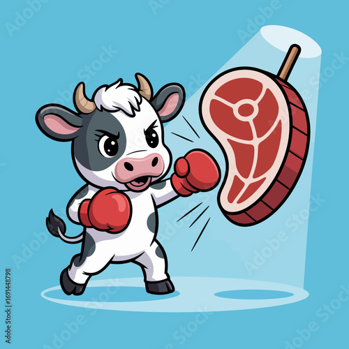 An assertive cow in boxing gloves prepares for a challenge, symbolizing strength, determination, and the humorous spirit of fitness and competition.
