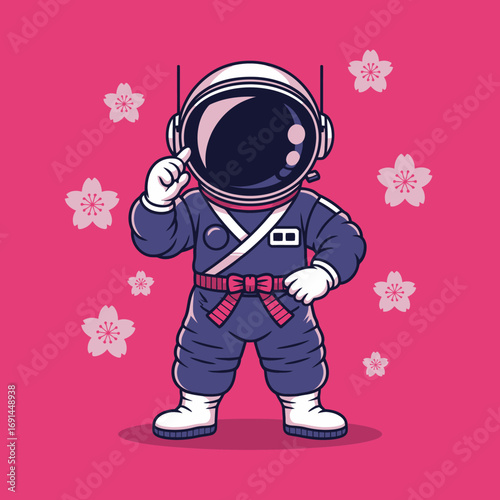 An astronaut character dressed in traditional attire stands confidently amidst cherry blossoms, merging cultural elements with the vastness of space exploration and identity.