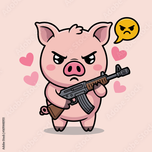 An expressive pig character with an angry demeanor brandishing an assault rifle, combining elements of toughness and cuteness, perfect for creating a humorous yet edgy art piece.