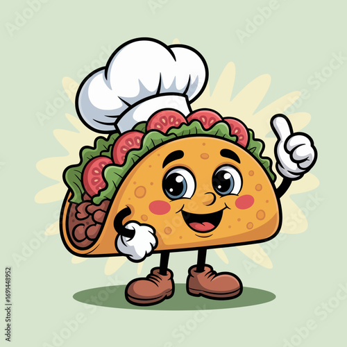 A happy cartoon taco chef, complete with a chef’s hat, gives a thumbs up, delighting viewers with a blend of humor and culinary charm in a fun, food-themed illustration.