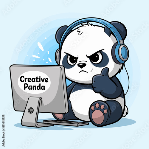 A determined panda gamer engrossed in gameplay, wearing headphones and giving a thumbs-up, representing the modern engagement of gaming culture with a cute twist.