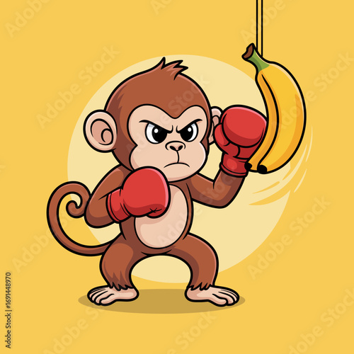 An intense monkey in boxing gloves training hard for a banana, symbolizing determination, focus, and the playful nature of learning and striving towards one's goals.