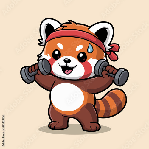An adorable red panda, wearing a headband, lifts dumbbells enthusiastically, showcasing the blend of fitness and cuteness, perfect for a motivational theme.