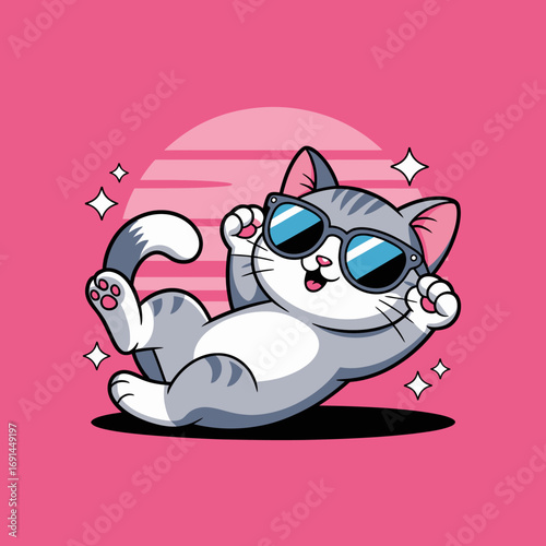 A charming gray cat wearing sunglasses and lying on its back against a vibrant pink background, radiating a fun and carefree vibe that is perfect for cat lovers and fun art enthusiasts.