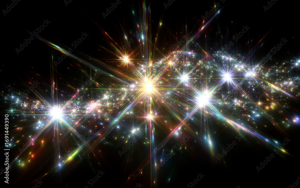 Obraz premium Bright and colorful star-like lights bursting in the dark